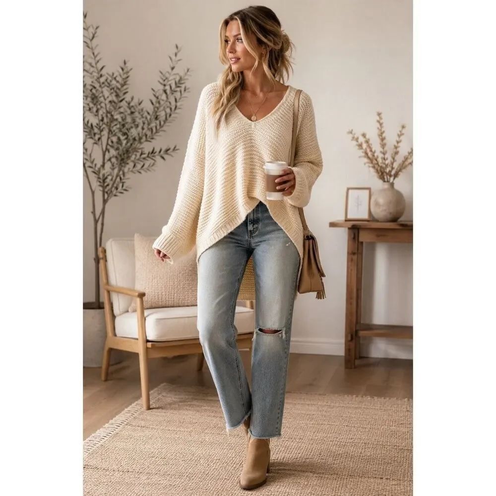 Free People Alpaca Oversized Chunky Knit Sweater Cream V Neck Hi Low Pullover XS